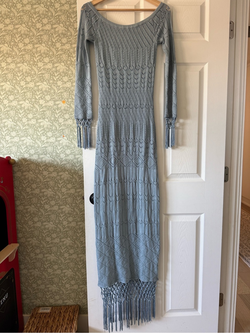 House of Harlow 1960 Light Blue Knit Maxi Dress with Fringe Trim